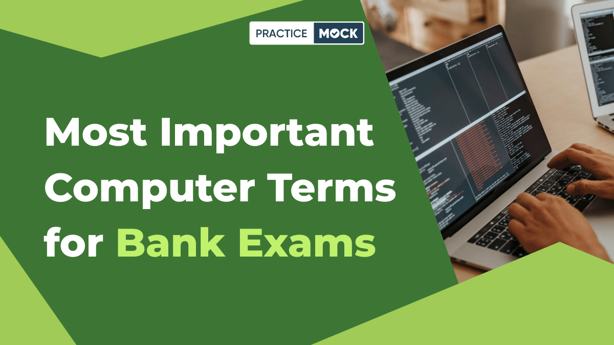 Illustration of a digital tablet displaying key computer terms and icons related to banking, insurance, and SSC exams study materials.
