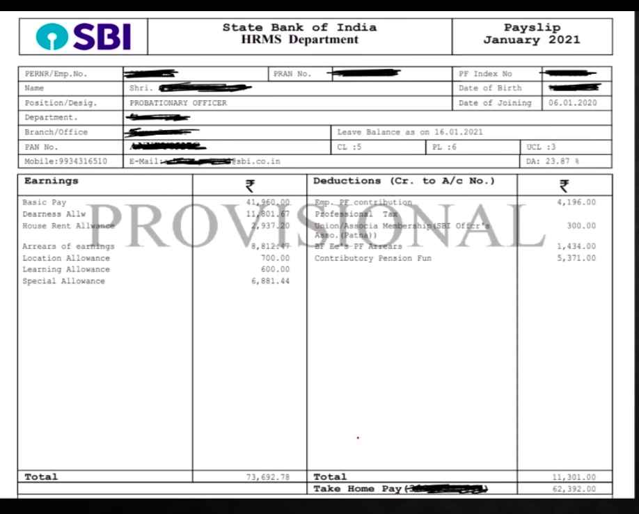 SBI PO Salary Slip 2021