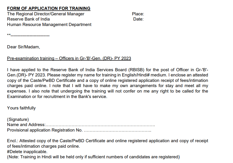RBI Grade B Pre-Exam Training Form of Application