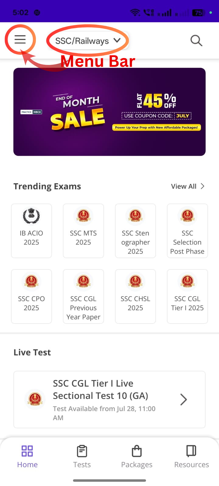 Menu bar of PracticeMock's app.