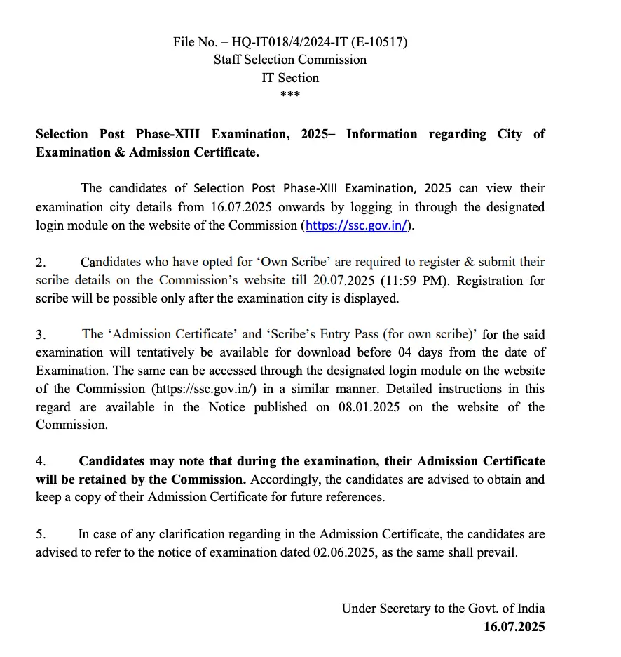 SSC Selection Post Phase 13 City Intimation Slip 2025 Out