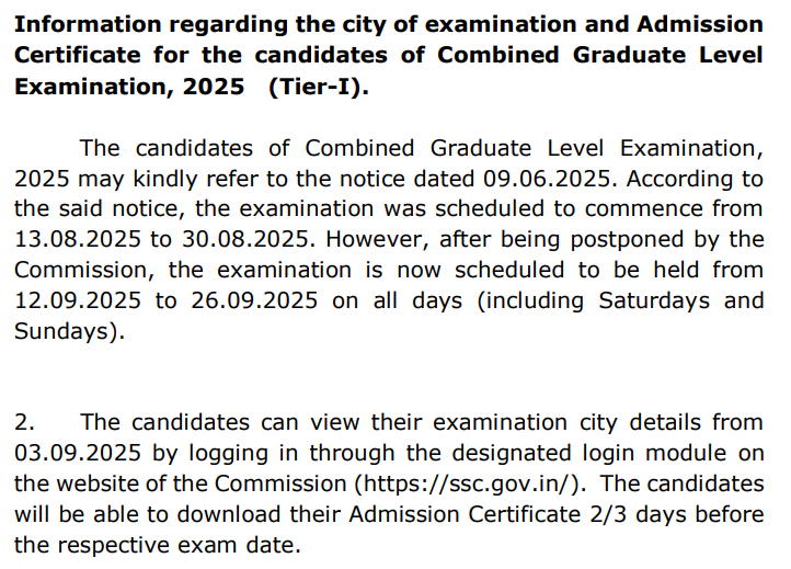 SSC CGL City Intimation Slip 2025.