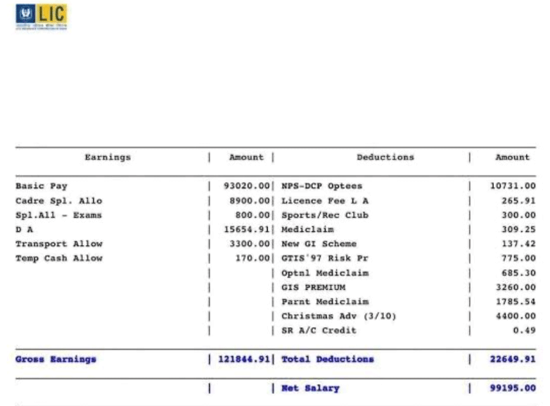 LIC AAO Salary slip sample image