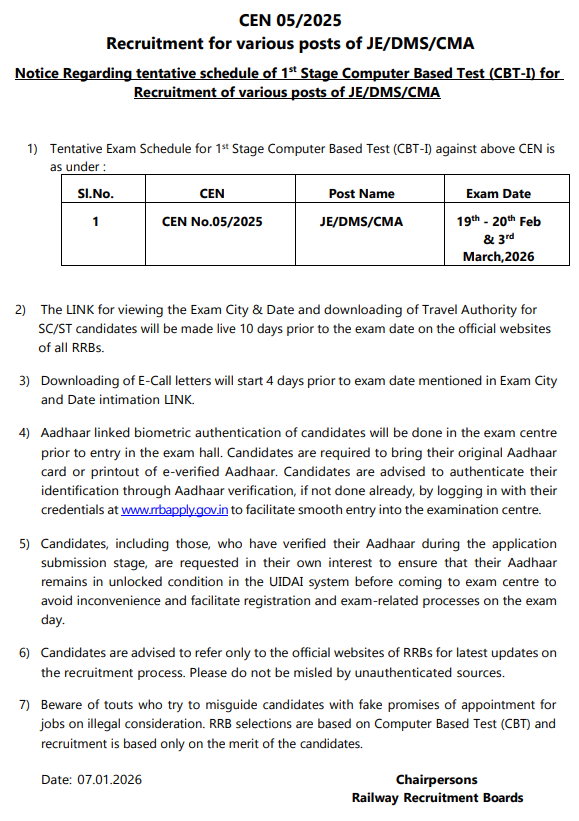 RRB JE 2025-26 Exam Dates Official Notice.