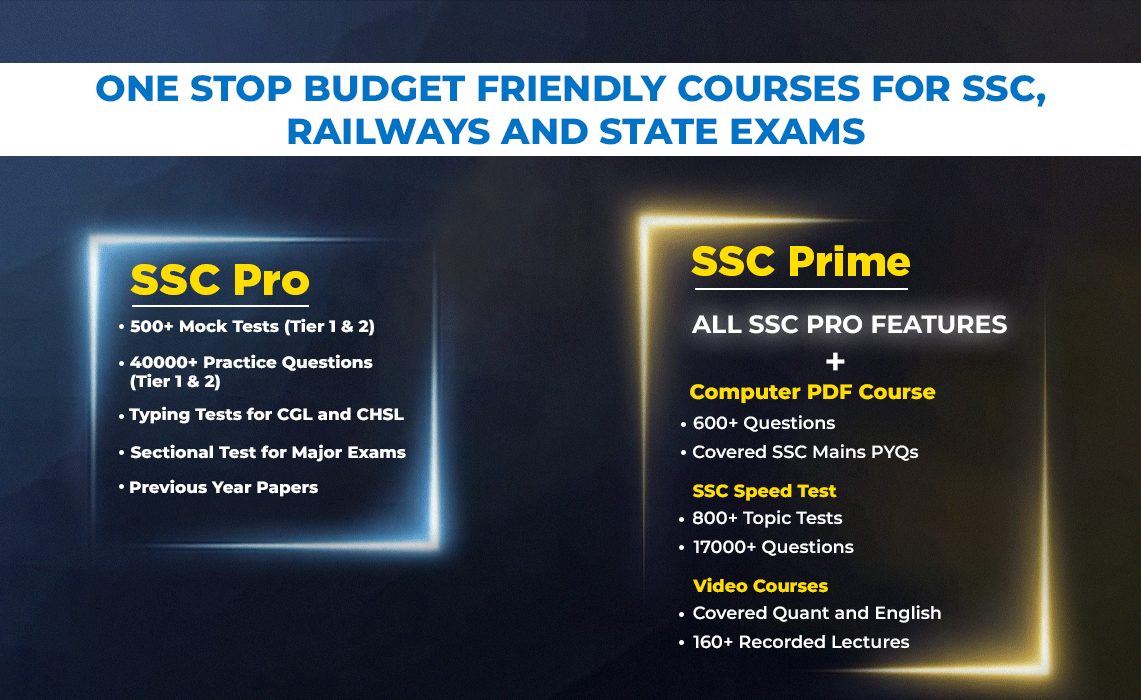 Budget-friendly online courses for SSC, Railways, and State exams, detailing 'SSC Pro' and 'SSC Prime' features.