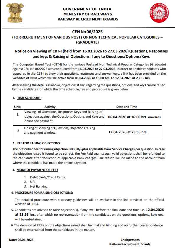 RRB NTPC Answer Key 2026 Out Check Your CBT-1 Score and Raise Objections

