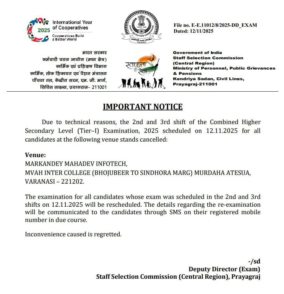 SSC CHSL Exam Cancellation Notice