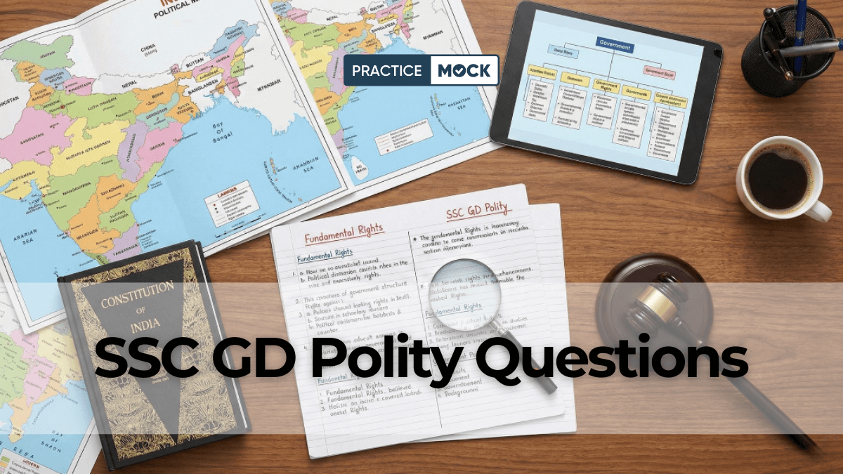 Study desk with India political maps, Indian Constitution book, handwritten polity notes, magnifying glass, gavel, coffee mug, and a tablet, representing SSC GD Polity Questions.