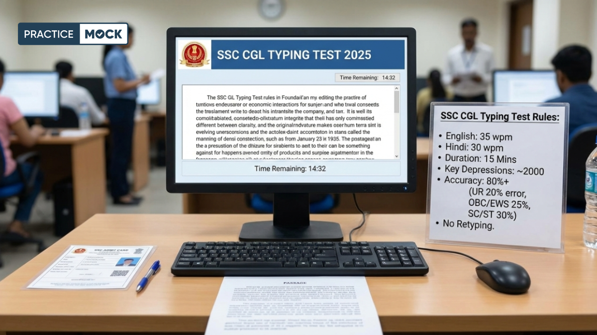 SSC CGL Typing Test 2025 computer lab image showing typing test screen with time remaining and a rules board mentioning English 35 wpm, Hindi 30 wpm, 15 minutes duration, and 80% accuracy