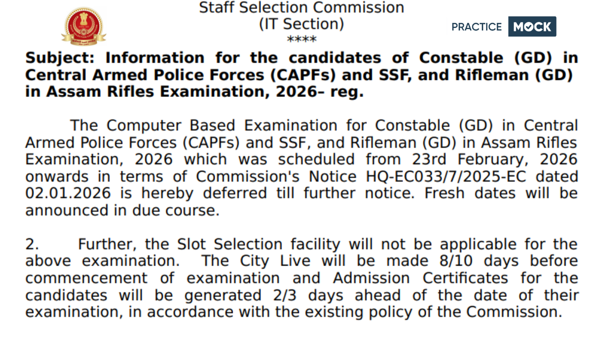SSC GD Exam Date 2026 Postponed, Check Official Notice & Major Changed