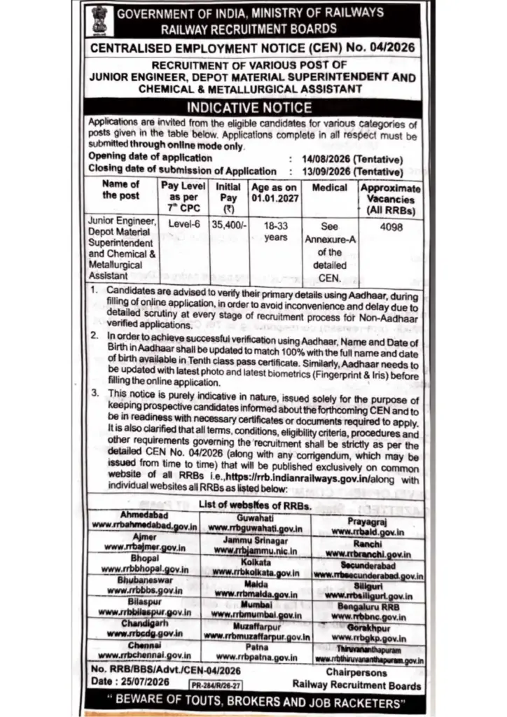 RRB JE 2026 Notification