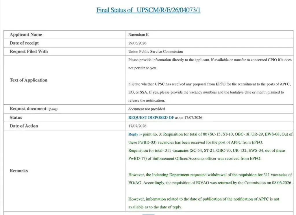 UPSC EPFO APFC Recruitment Notice 2026