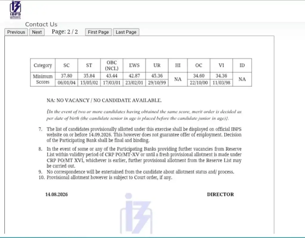 IBPS PO XV 2nd Reserve List 2026 minimum scores and provisional allotment official notice