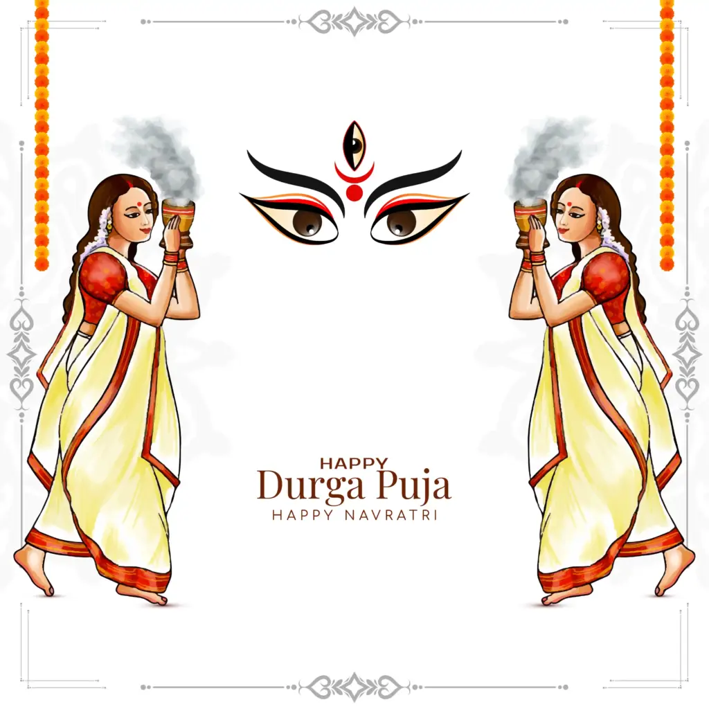 Durga Puja greetings for family with devotional festive decorations