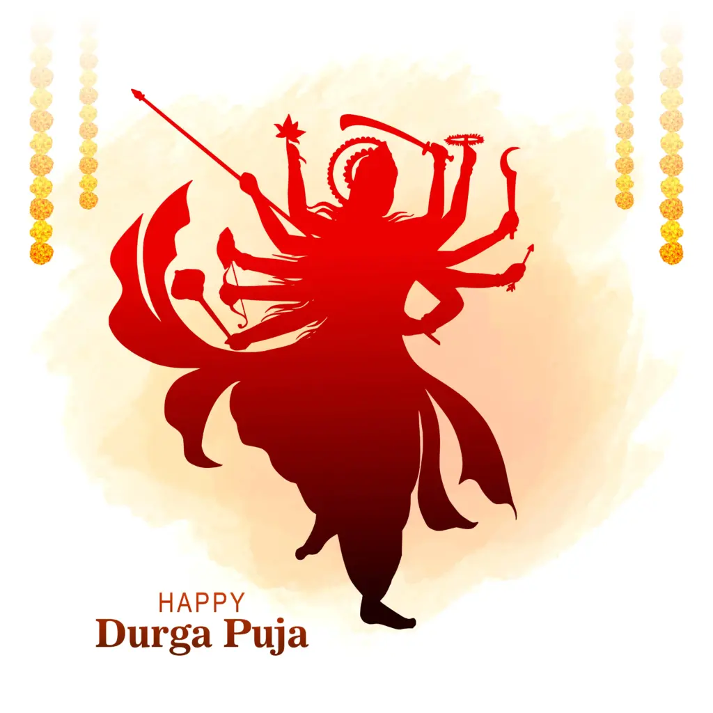 Happy Durga Puja wishes with Maa Durga and festive decorations.